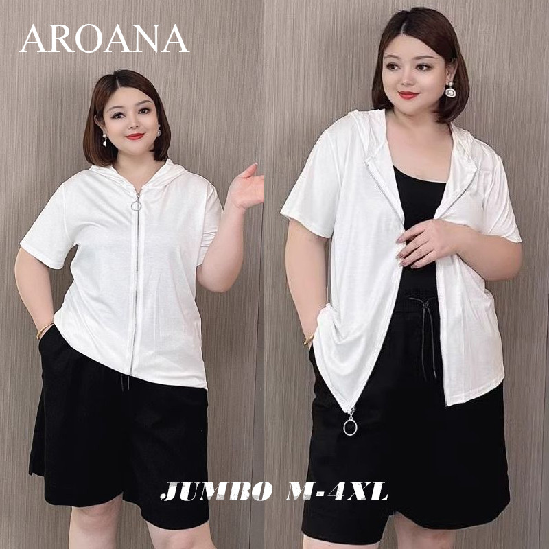 Atasan Wanita Jumbo Kaos Big Size T-Shirt Hoodie Loose Zipper Top Cardigan Lengan Pendek Putih