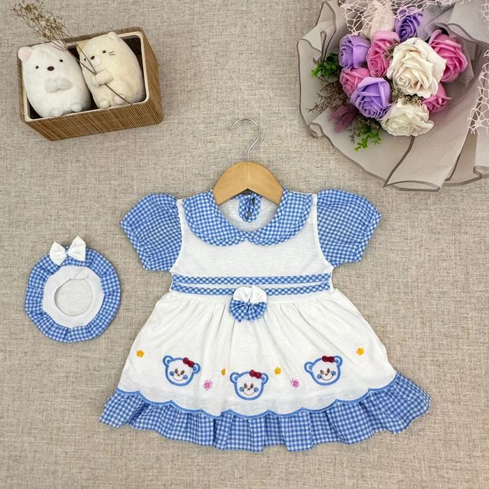 Baju Dress Bayi Perempuan Bahan Katun 6-9 Bulan Dasar Putih Warna Motif Gambar 3 Bear - Biru