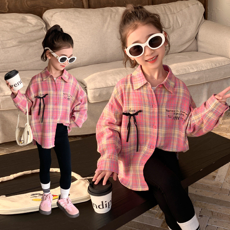 Kemeja Kotak-Kotak Anak Perempuan Atasan Pita Bayi Perempuan