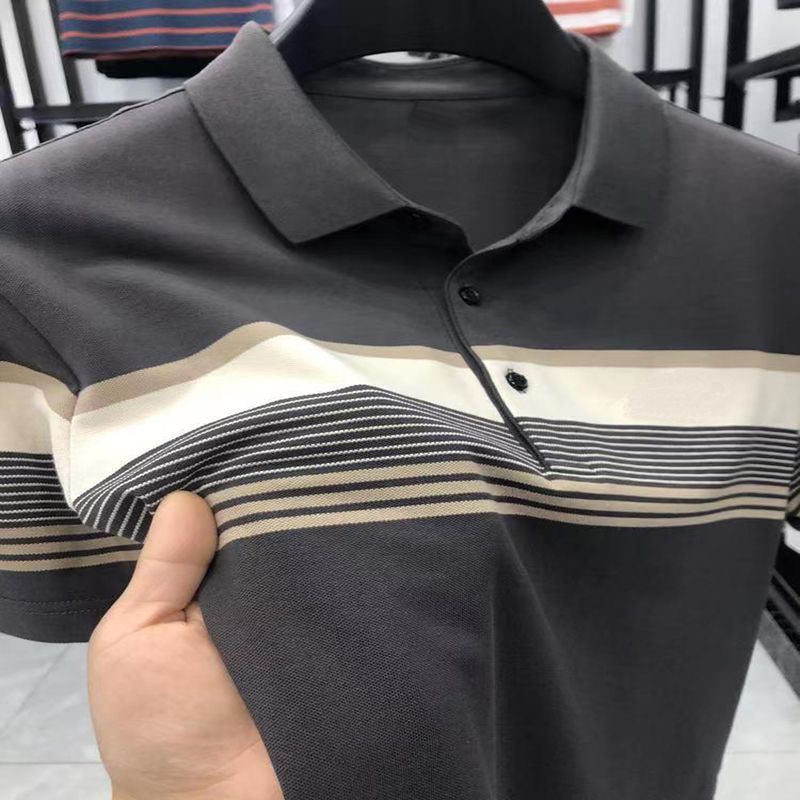 Katun lapel polo shirt pria lengan pendek t-shirt bergaris casual