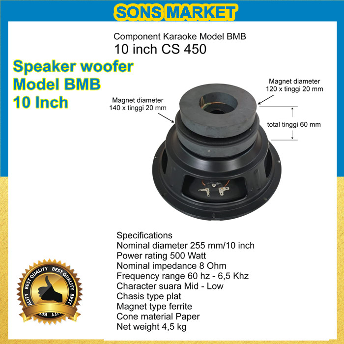 Speaker WOOFER 10 inch DOUBLE magnet CS 450 spesial karaoke model BMB 500 Watt 10in 10inch