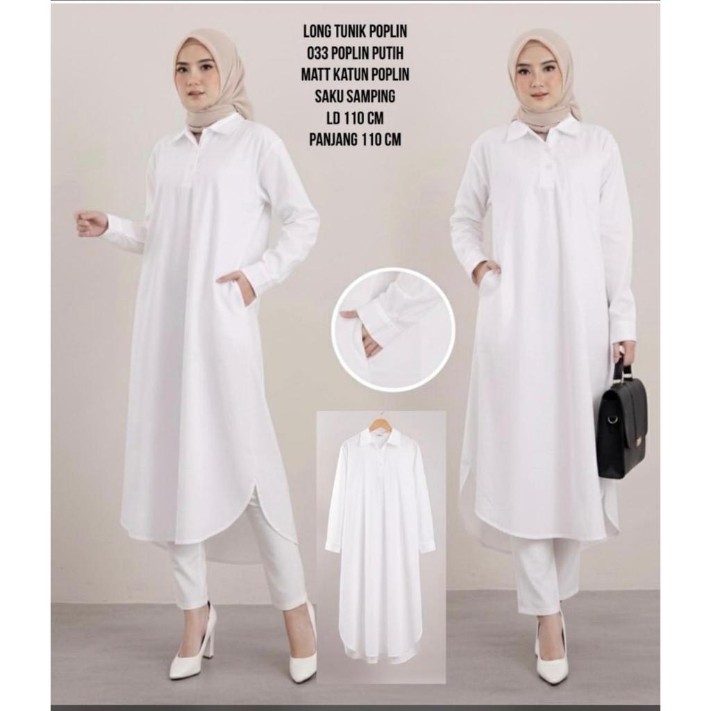 LONG TUNIK POPLIN PUTIH / TUNIK POLOS PUTIH SAKU SAMPING