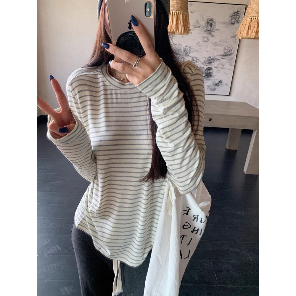 2TOYOUNG Kaos Lengan Panjang Vintage Bergaris Preppy Oversize Inner Wanita