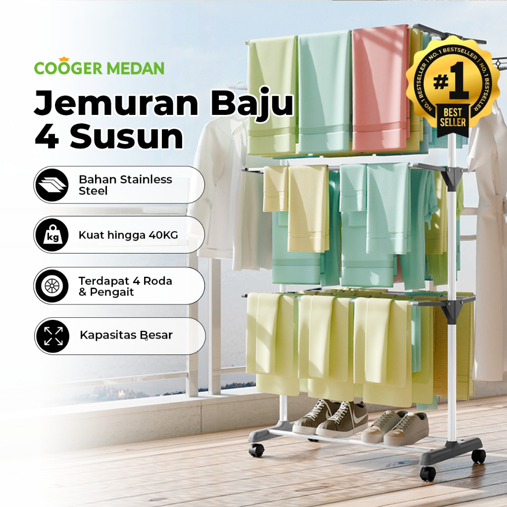 COOGER MEDAN Jemuran Baju Lipat 4 Tingkat Stainless Steel dengan Gantungan dan Rak Pengering Sepatu 