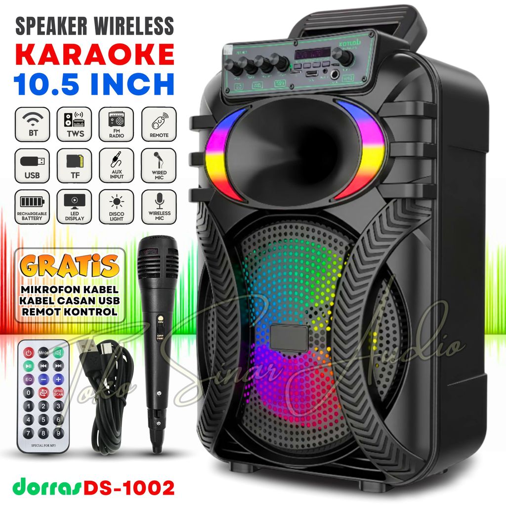 Speaker Aktif Bluetooth Full Bass 10.5 inch DORRAS DS-1002 + MIC KABEL + REMOT + CHARGER USB Salon B