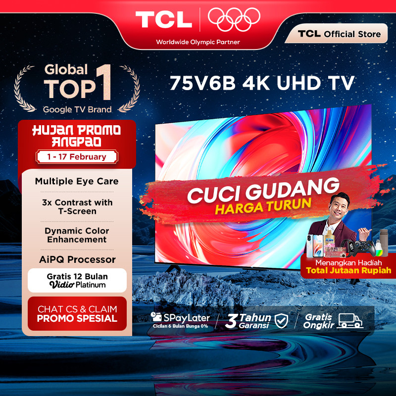[4K Big Google TV] TCL 75 Inch V6B - Smart UHD - T-Screen - Dolby Audio - HDR10 - AiPQ Processor - D