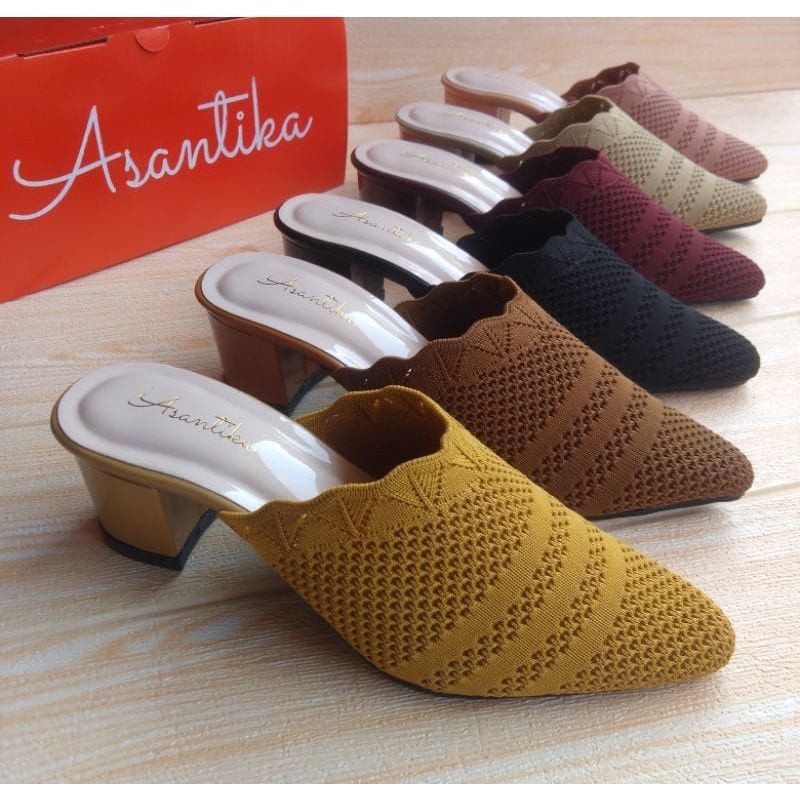 Sandal Slop Wanita Hak Tahu 5 Cm Rajut Import