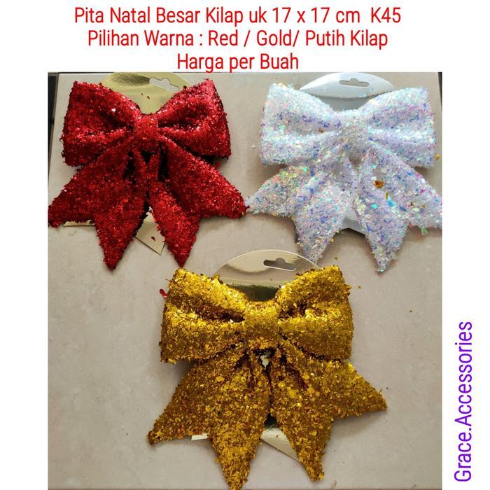 Pernak pernik natal pita natal jumbo gliter per buah dekorasi natal - C/Pita 17x17cm, Putih per Bh