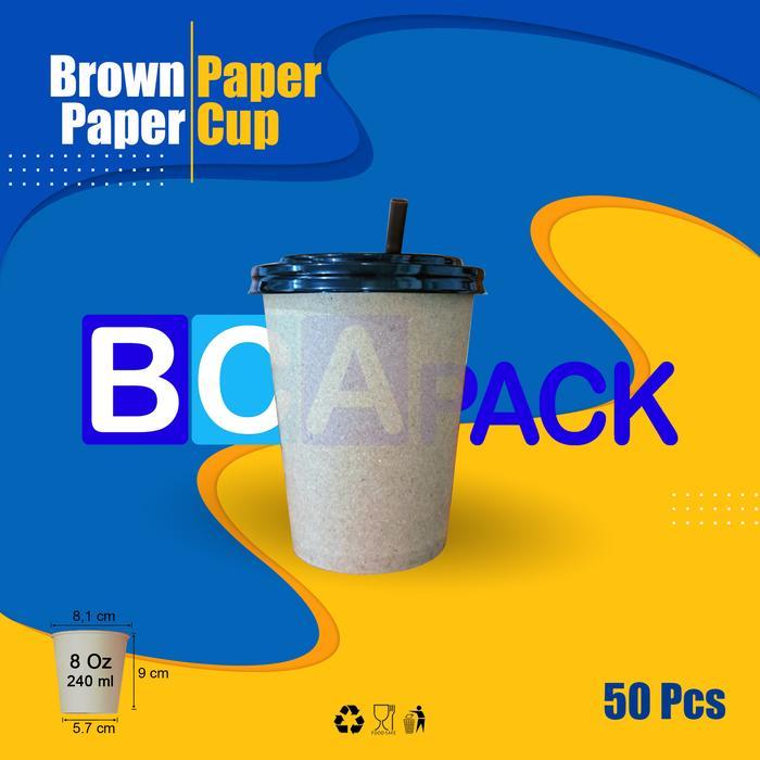 GELAS KERTAS KOPI POLOS KRAFT 8OZ 1 SET TUTUP DAN SEDOTAN ISI 50 PCS - Cup+Tutup+Sdtn