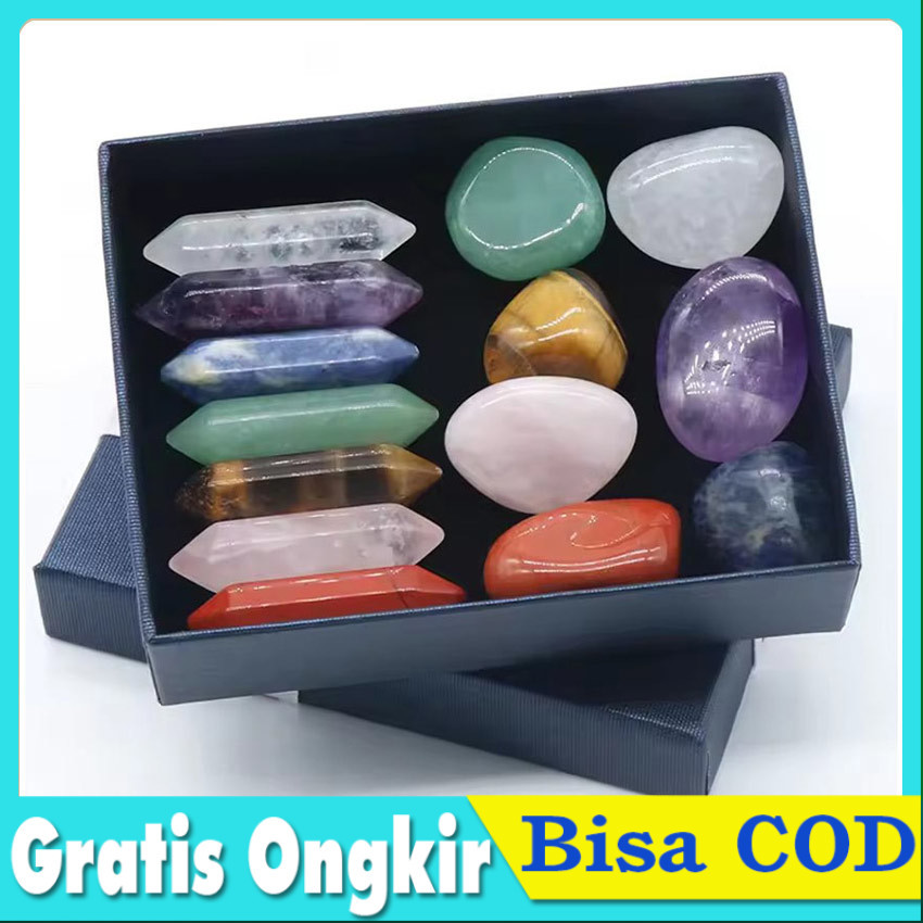 Set Kristal 7 Chakra Healing Crystal Gift Box Natural Tumble Stone Chakra Balancing Manifesting Mone