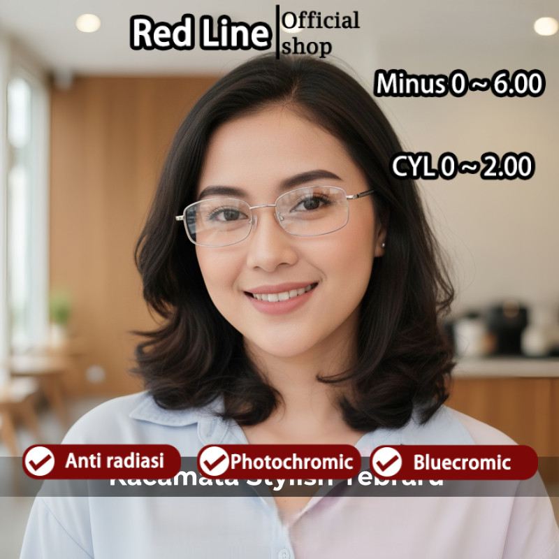 Red Line Kacamata Anti Radiasi Minus Wanita Pria Besi Kotak Frame Anti Blueray Kacamata Fashion Meta