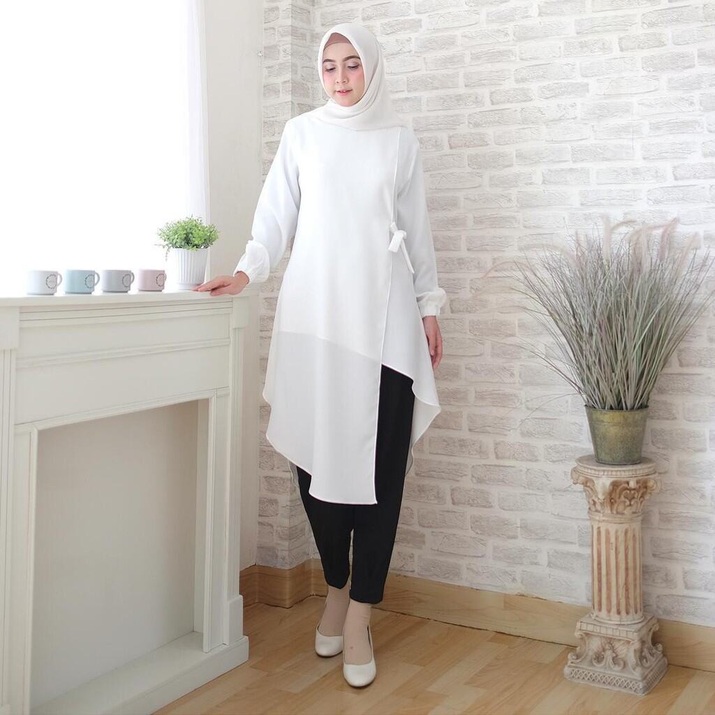 tunik putih baju lebaran terbaru 2024  tunik putih wanita muslim | tunik putih wanita terbaru 2024 |