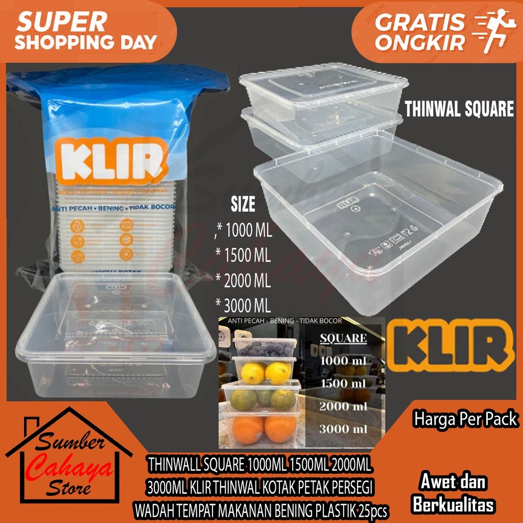Thinwall Square Klir 1000 1500 2000 3000 Ml Kotak Makan Plastik Bening Transparan Wadah Salad Buah B