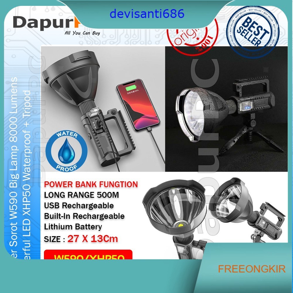 Senter Sorot W590 Big Lamp 8000 Lumens Powerful LED XHP50 Waterproof BonusTripod