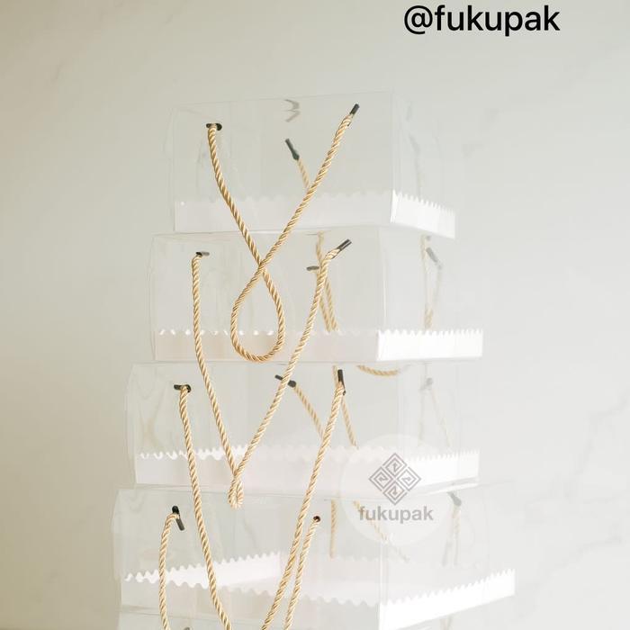 (20pcs) Fukupak Box Mika Tali Tinggi 10 cm kotak transparan dus mika kue nasi - 18x18x10, Putih Tali