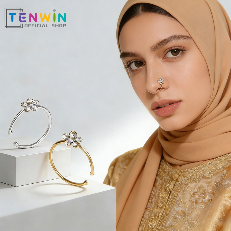 Cincin Hidung Palsu Tipe C Bunga Plum Cincin Hidung Tindik Baja Tahan Karat Aksesori Mode-Tenwin