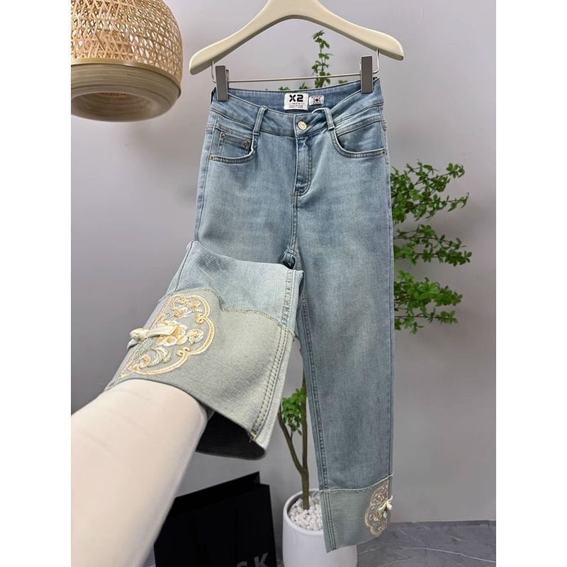 [JINXIU] Celana sembilan titik denim lurus bordir gaya Cina baru untuk wanita, celana rokok longgar