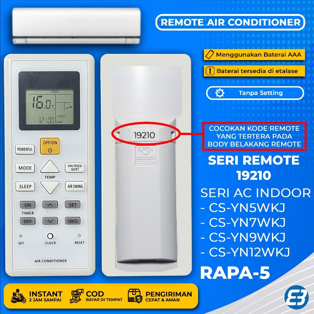 (Bersama Elektrik) Varian Remote AC JMC Pengganti Remot AC PANASONIC 19210 19190 4543 07700 CS-YN5WK