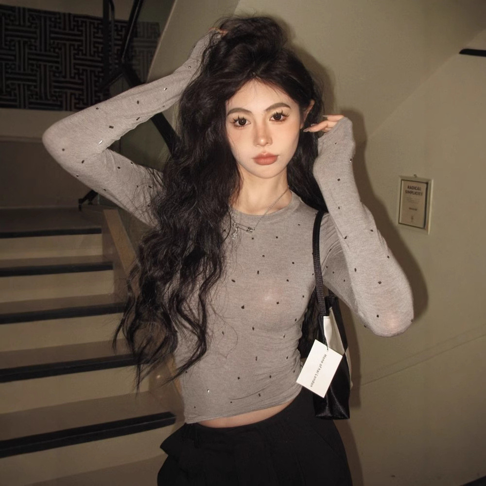 Kemeja wanita vintage berlengan panjang dengan hiasan batu permata berkualitas tinggi T Baju Kaos At