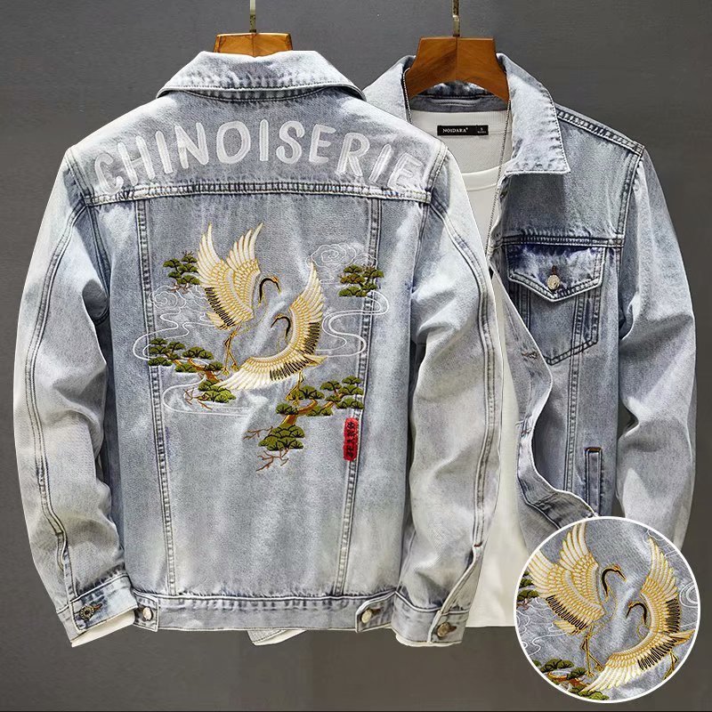 Vintage Embroidered Denim Jacket for Men, Trendy Slim Fit