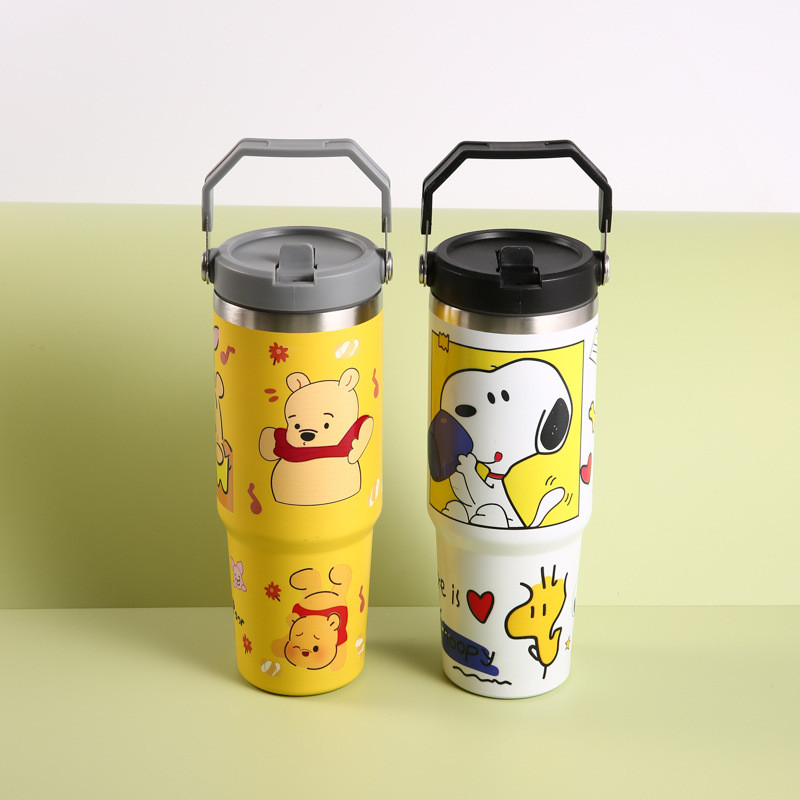 Gelas Mobil 30OZ dengan Pola Kartun Gelas Vakum Isolasi Stainless Steel Berkapasitas Besar Gelas Es 