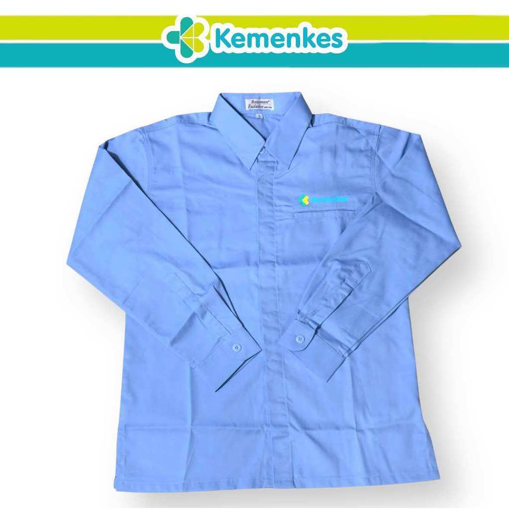 Kemeja Seragam Kemenkes RI Warna Biru Muda Saku 1 Pria-wanita Bahan American drill Lengan Panjang-Pe