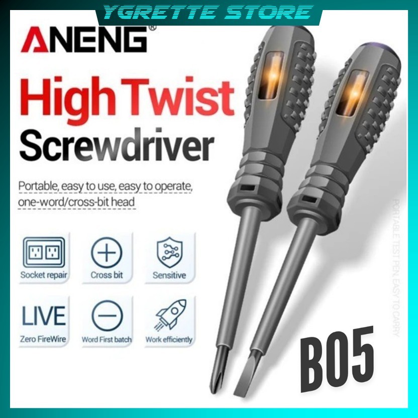 YGRETTE - ORIGINAL ANENG Obeng Tespen Tester Pen with Dual LED Indicator Minus PLUS PHILIPS Prefix -