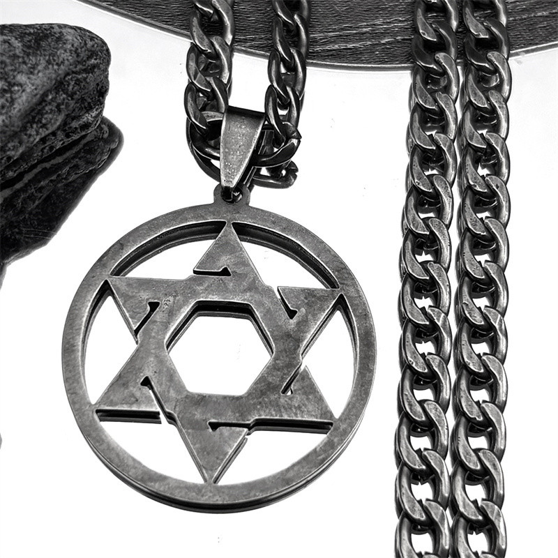 Israel Star Of David Shield Stainless Steel Necklace for Men Women Gun Black Color Hexagram Hip Hop 