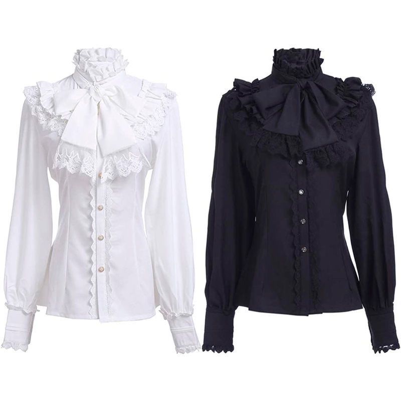 ouji Women's Victorian Gothic Blouse Ruffled High Collar Long Sleeve Renaissance Style Top Lolita Co
