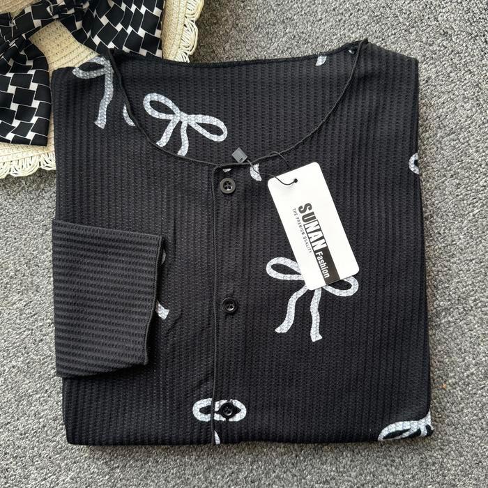 (Fashiora) SUNAN STOREE - Cardigan Crop Rajut Wafle / Crop top Baju Panjang - PITA B HITAM