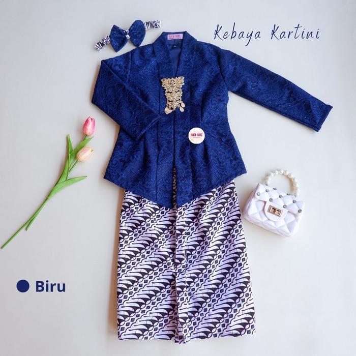 Kebaya Anak Kartini Brokat/ Kebaya Kartini Brokat Panjang Rok Putih - Navy, S