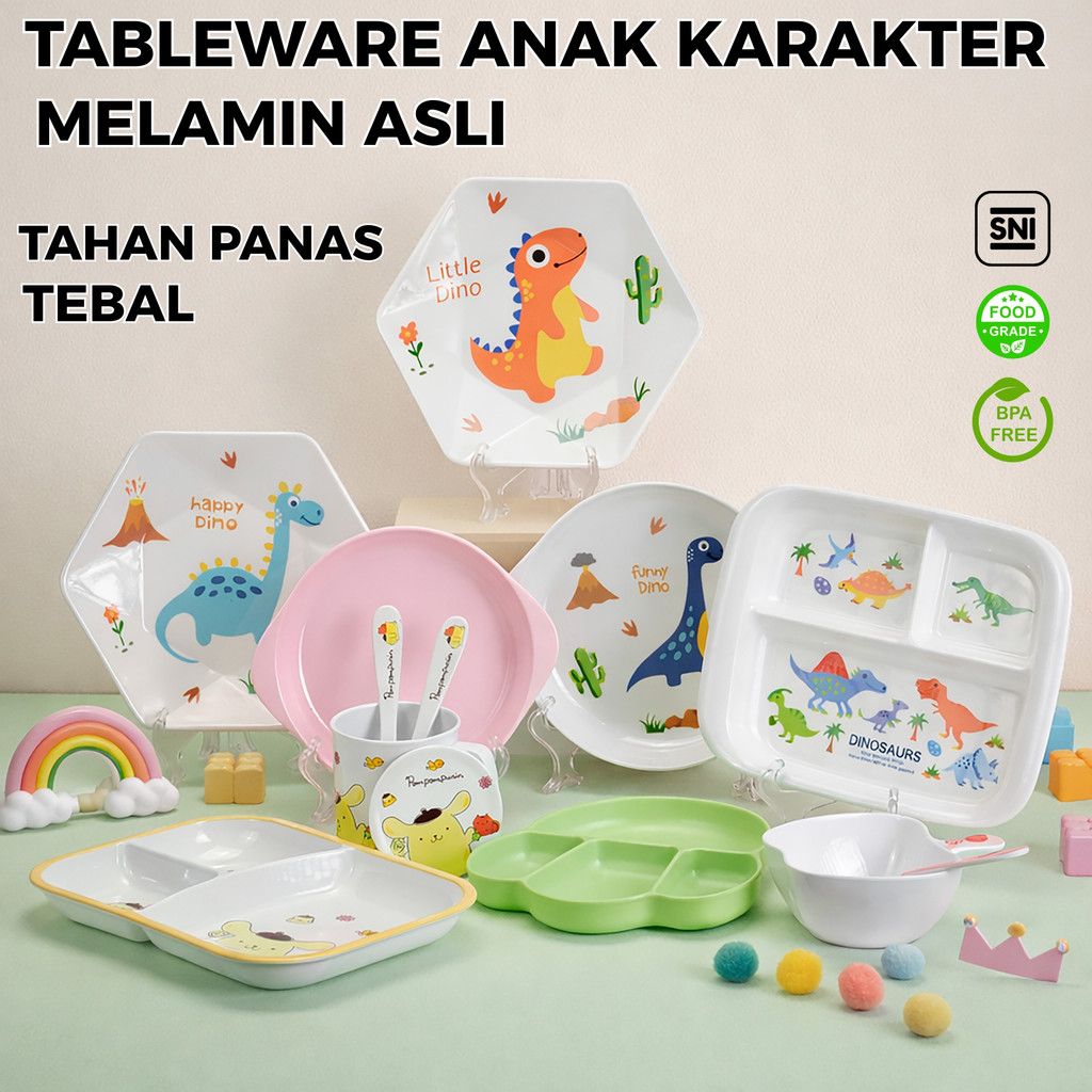Perlengkapan Piring Makan Melamin Anak Motif Lucu Lengkap | Piring Melamin Anak Tahan Panas BPA Free