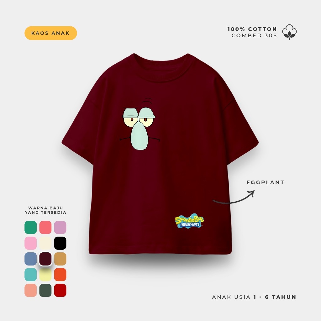 Kaos Anak Lengan Pendek Baju Anak Ula Kids Kaos Spongebob Squidward Face Usia 1 - 6 Tahun Hoodie Jos