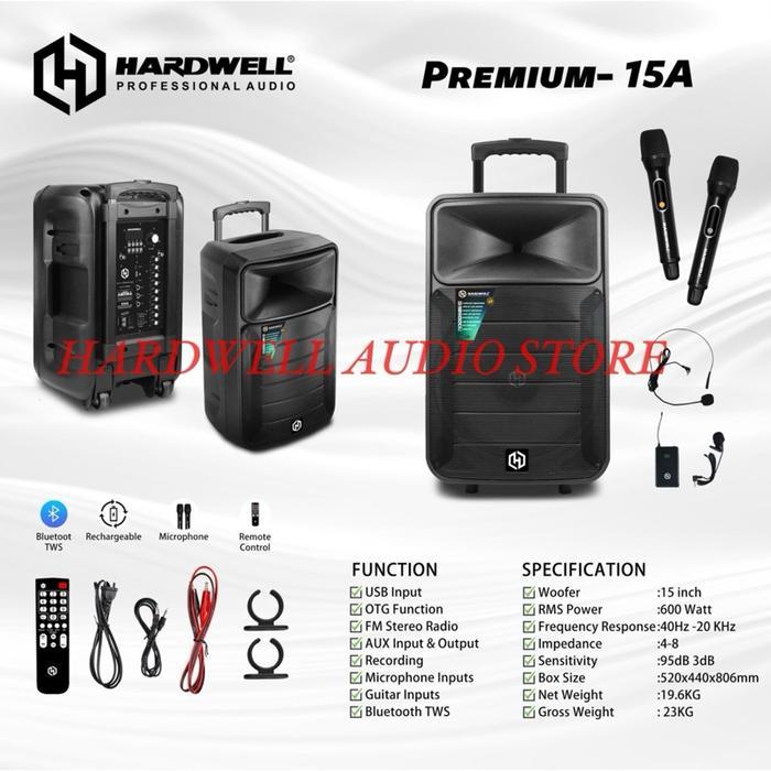 Speaker Portable Bluetooth 15 Inch Hardwell Premium 15A Original dengan Tone Mic 3 Bass Mid High