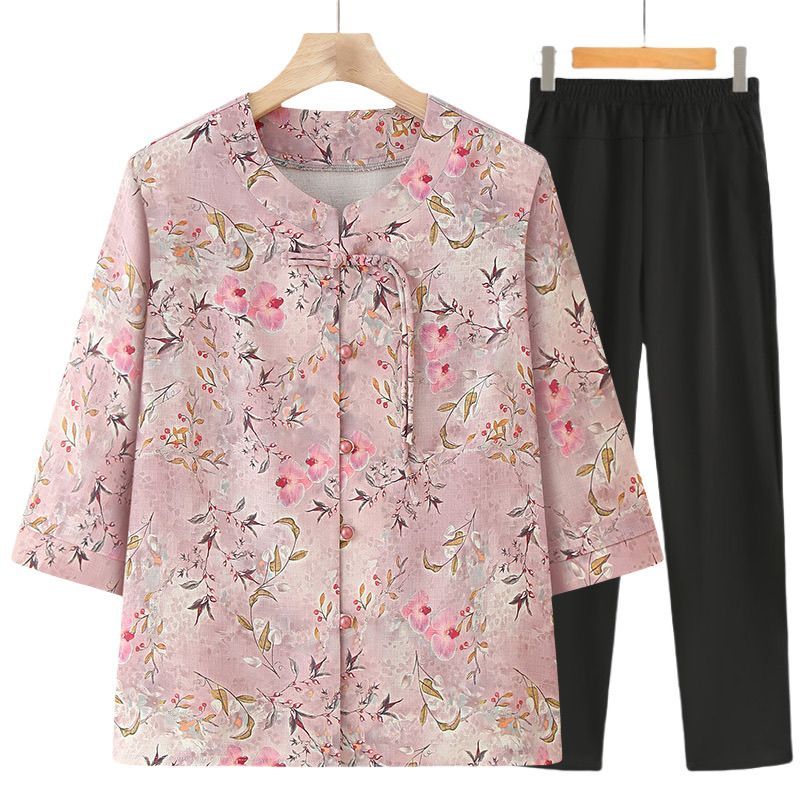 Setelan Atasan Wanita Lansia Musim Panas Gaya Tiongkok Baju Kakek Nenek Lengan 3/4 Katun Warna