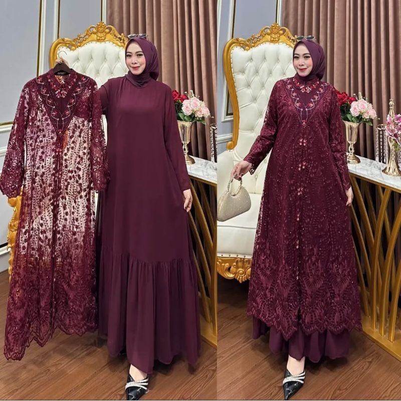 COD BAJU GAMIS LEBARAN 2025 Melia Set Dres Outher Full Brukat Payet Terbaru Elegan Ceruti Burgundy