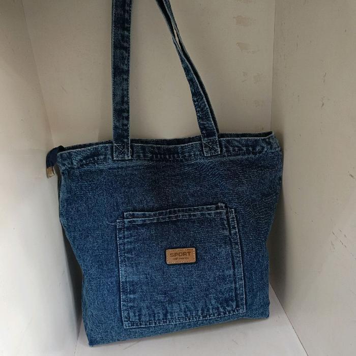 tas tote bag kanvas denim 3030-2 tas bahu wanita - biru tua