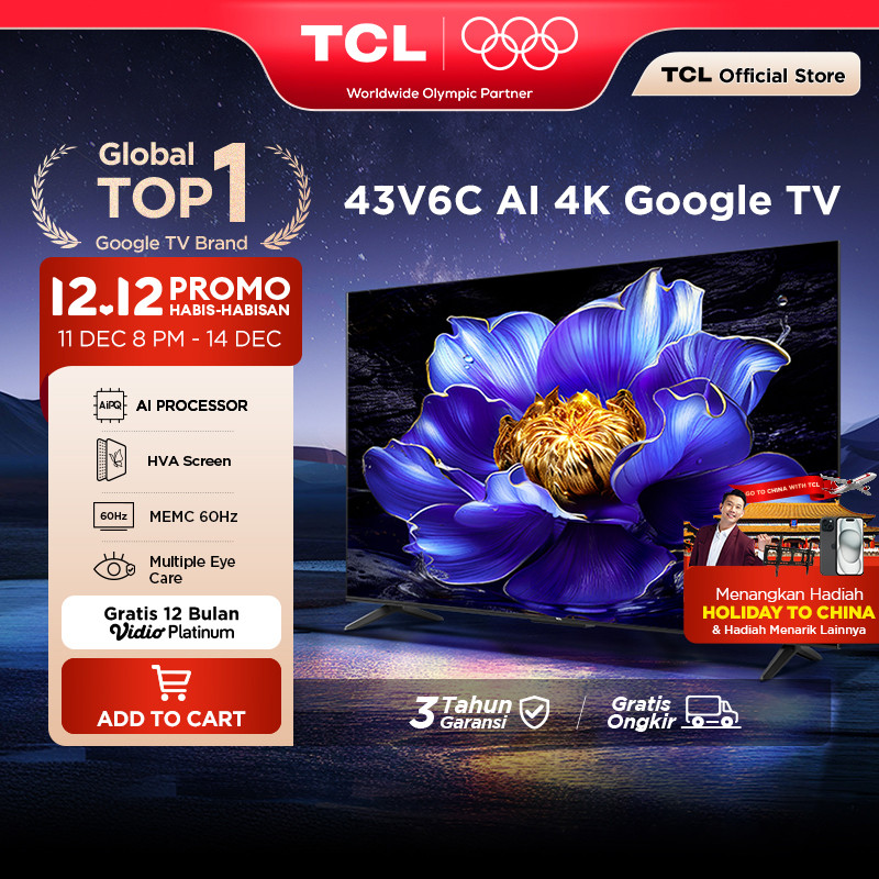 TCL AI 4K Google TV 43 inch V6C - MEMC - HDR 10 - HVA Panel - Dolby Audio - Google Play/Netflix/Yout
