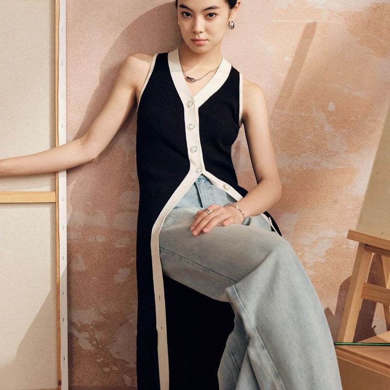 Prancis Tanpa Gaya Lengan Rajut Kontras Cardigan Warna Hitam Putih