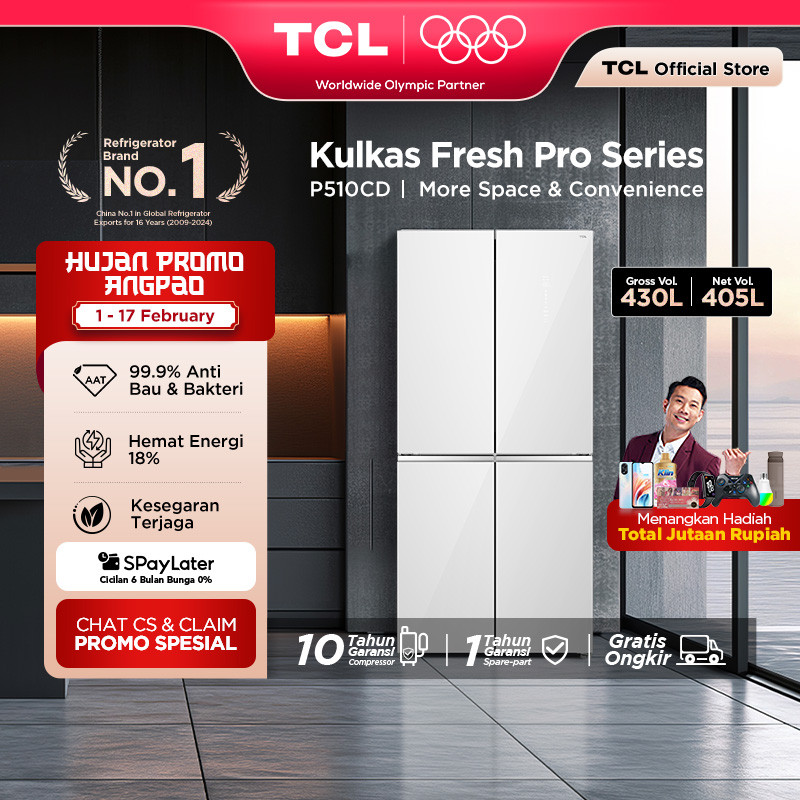 TCL Kulkas 4 Pintu - Kapasitas 430L - Big Capacity - Twin Eco Inverter - AAT Gen 2 Natural Eco Fresh