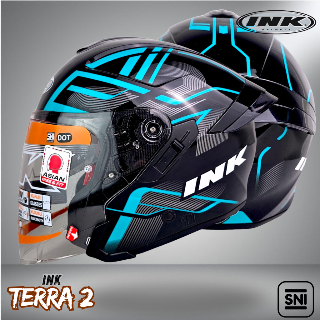 HELM INK TERRA 2 ORIGINAL DOUBLE VISOR SYSTEM PREMIUM | HELM INK MOTIF BLACK GREEN HALF FACE SNI
