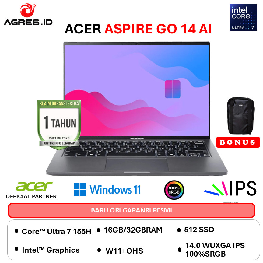 ACER ASPIRE GO 14 AI ULTRA 7 155H - RAM 32GB 512GB W11+OHS 14.0 WUXGA 100RGB -71M.7705