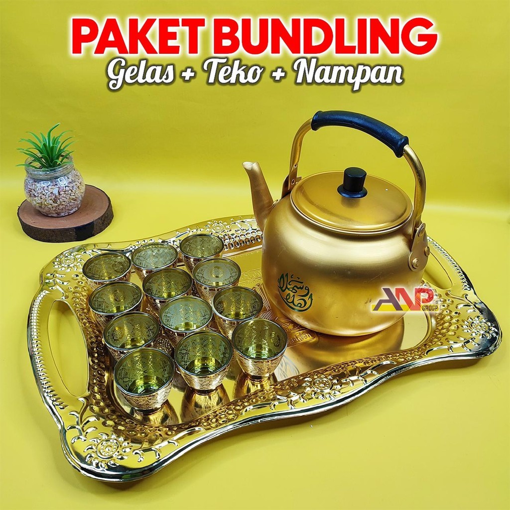 VIRAL Paket Set Bundling Gelas Teko Nampan Khas Timur Tengah Wadah Air Zam-zam / Set Teko Kuningan A
