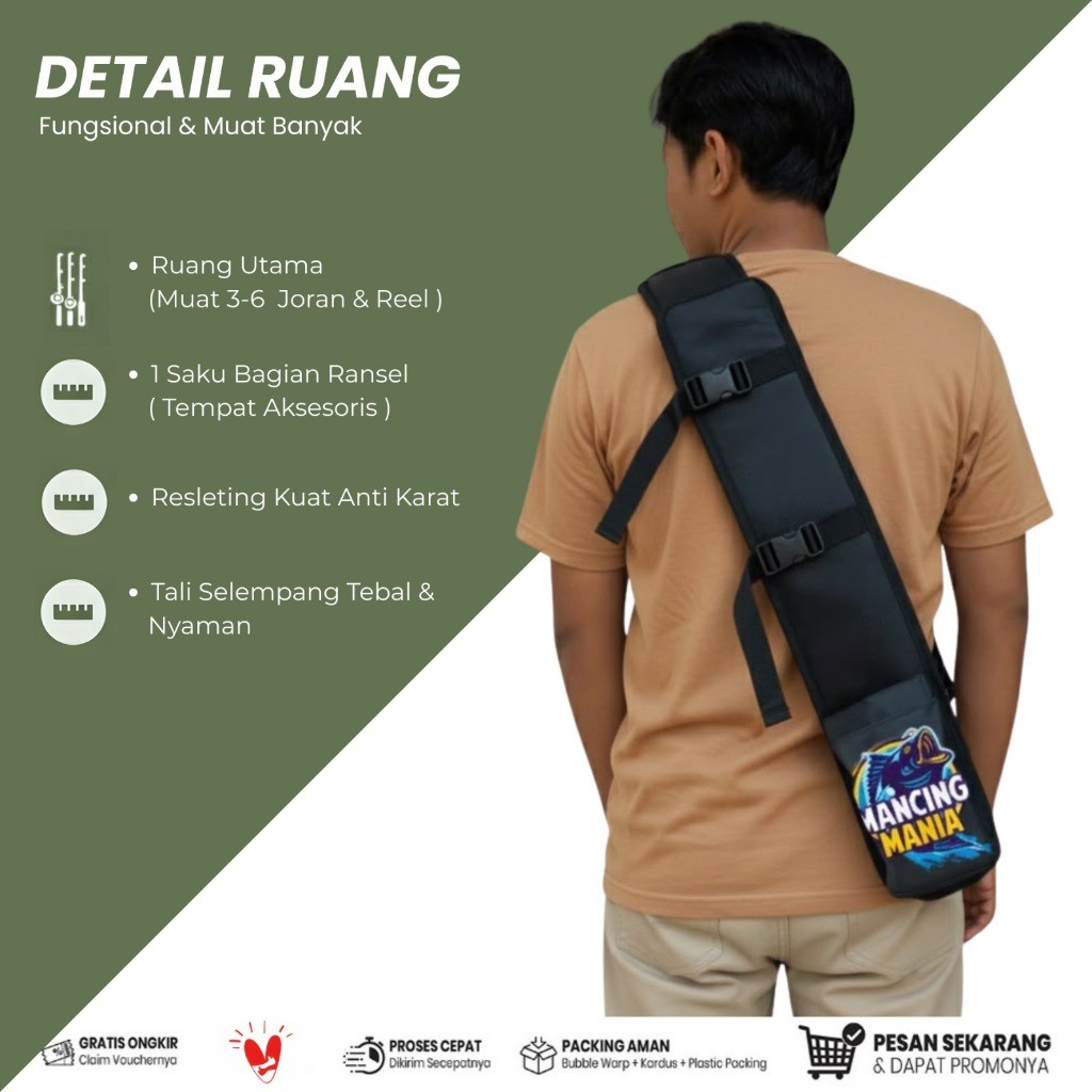 Tas Mancing Waterproof Bahan Tebal – Ransel Gendong 60cm - 80cm untuk Joran & Alat Pancing