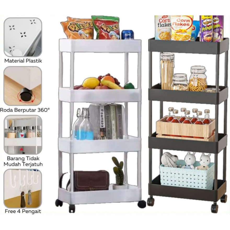 Rak Yeye Serbaguna 4 Susun Dengan Roda 360° / Tempat Penyimpanan Peralatan Dapur Kamar Mandi Ruang T