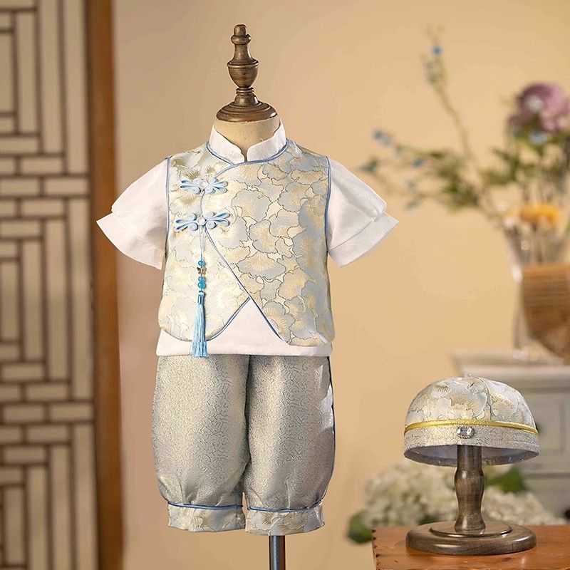 [Kota Dongeng] Baju Bayi Laki-laki Usia Satu Tahun Gaya Cina Baru, Setelan Baju Tang Gaya Cina Anak