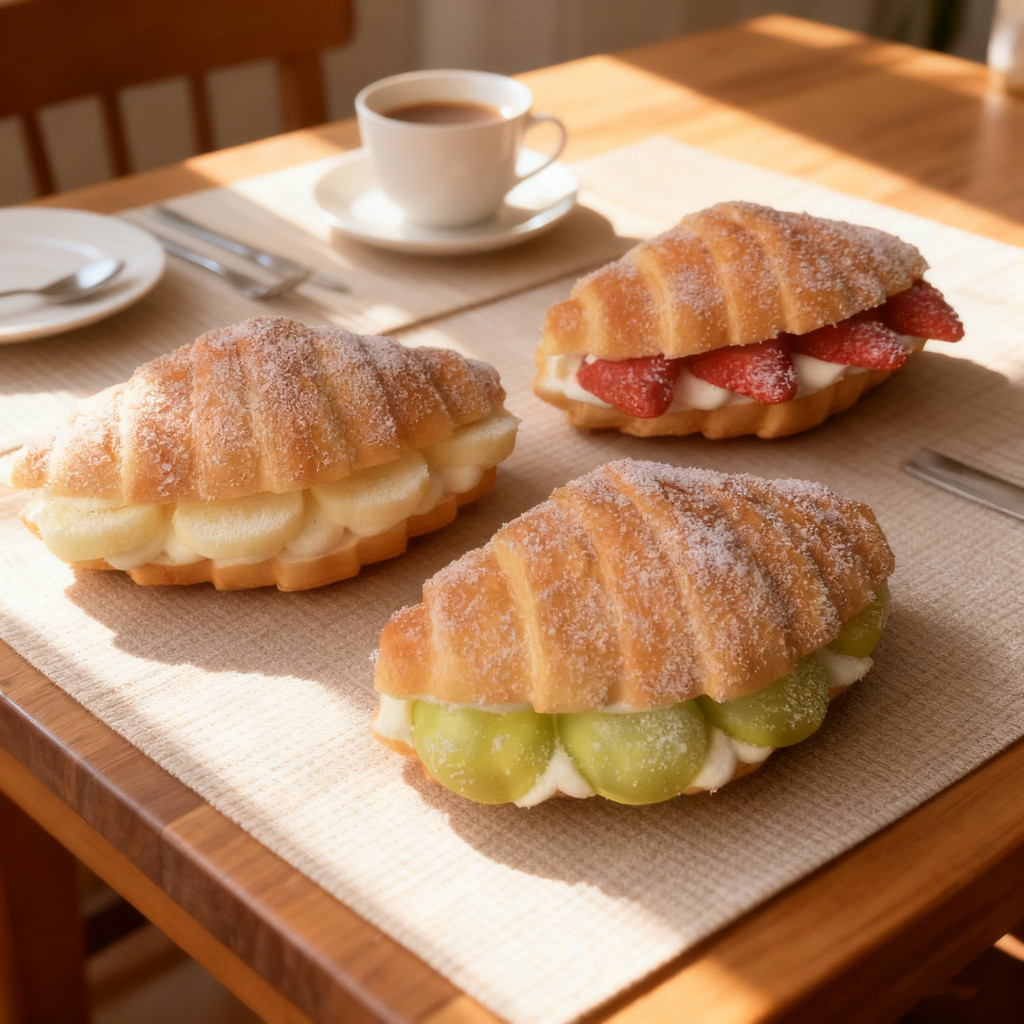 PU Realistic Fake Stuffed Sea Salt Croissant - Strawberry, Raisin & Banana Filling Models for Bakery