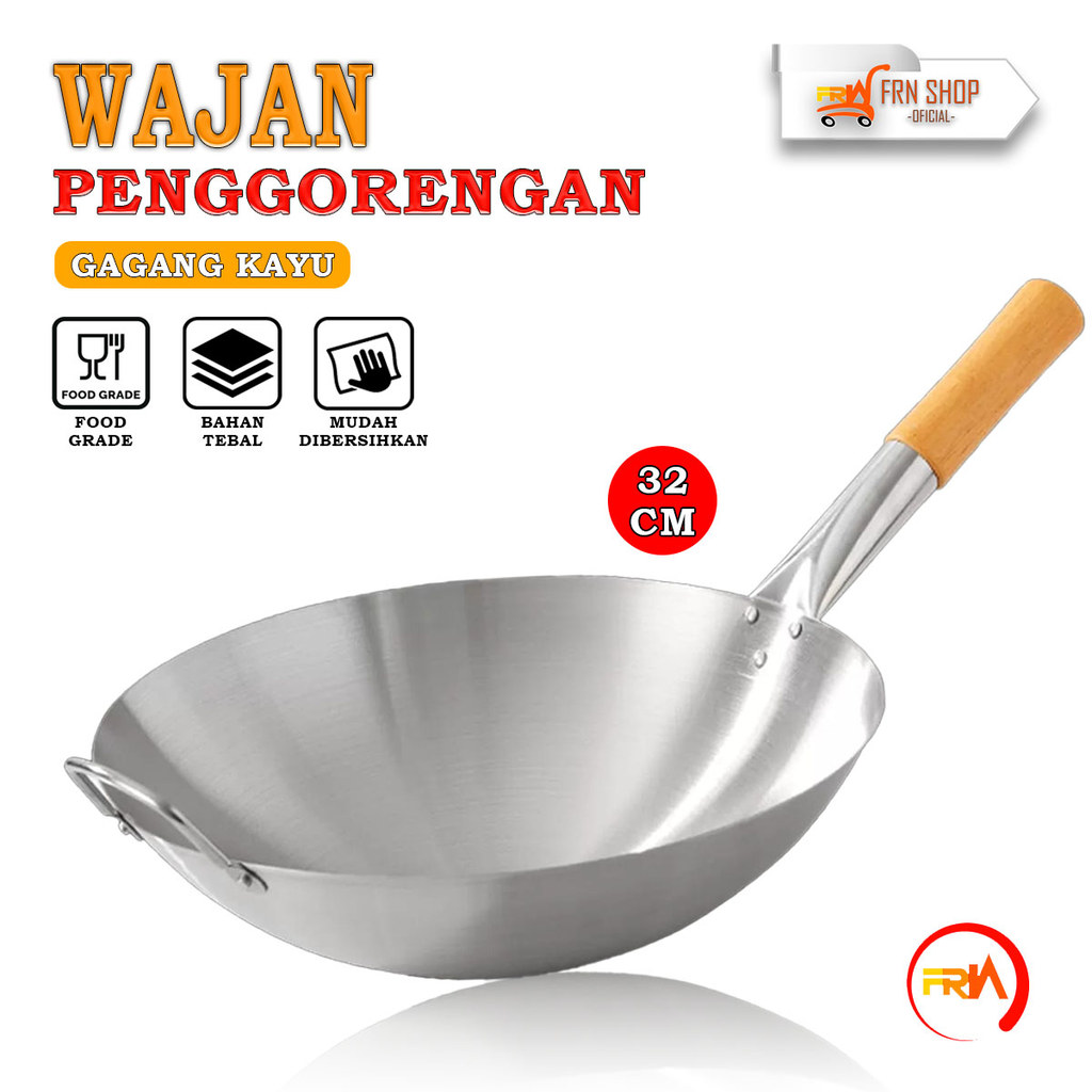 FRN Kitchenware - Wajan Kuali Penggorengan Wok Pan Stainless Steel Ukuran 32cm Gagang Kayu Wok Kuali