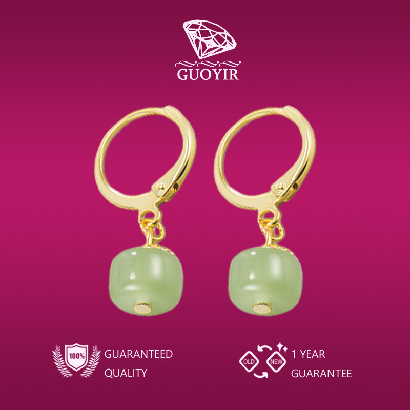 GUOYIR Anting-Anting Niche Desainer Berlapis Emas dengan Batu Giok Hetian