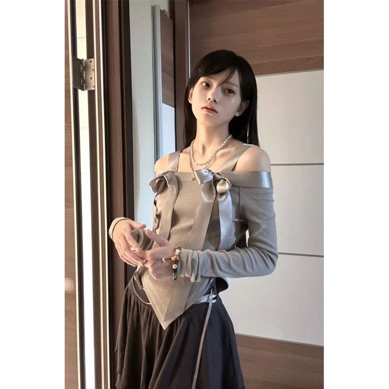 Chanel Style Gray Long Sleeve T-Shirt for Women New Slim Fit Niche Versatile Vintage Feel Off-Should